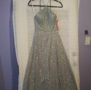 B. Darlin Sleeveless Y-Neck Shimmer Long Dress